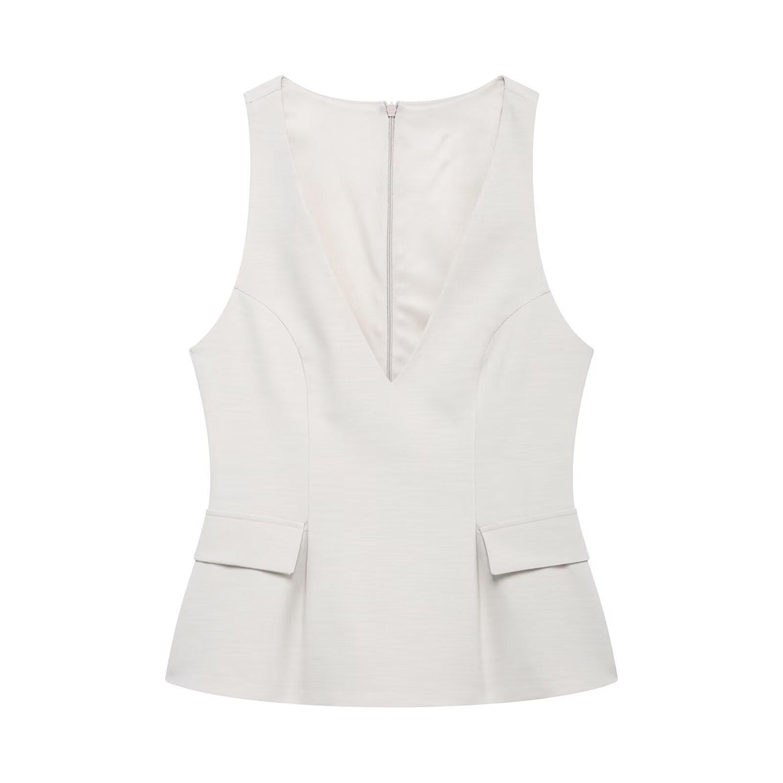

Spring 2025 Women s V-Neck Sleeveless Top with Skirt-Style Hem and Flap Decoration Extra Small