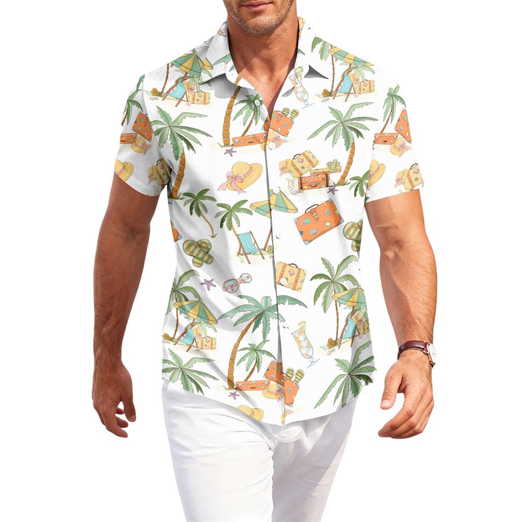 Men's Casual Short Sleeve Button Down Shirt Loose Fit Printed Tropical Palm Tree Pattern Lightweight Summer Beach Shirt