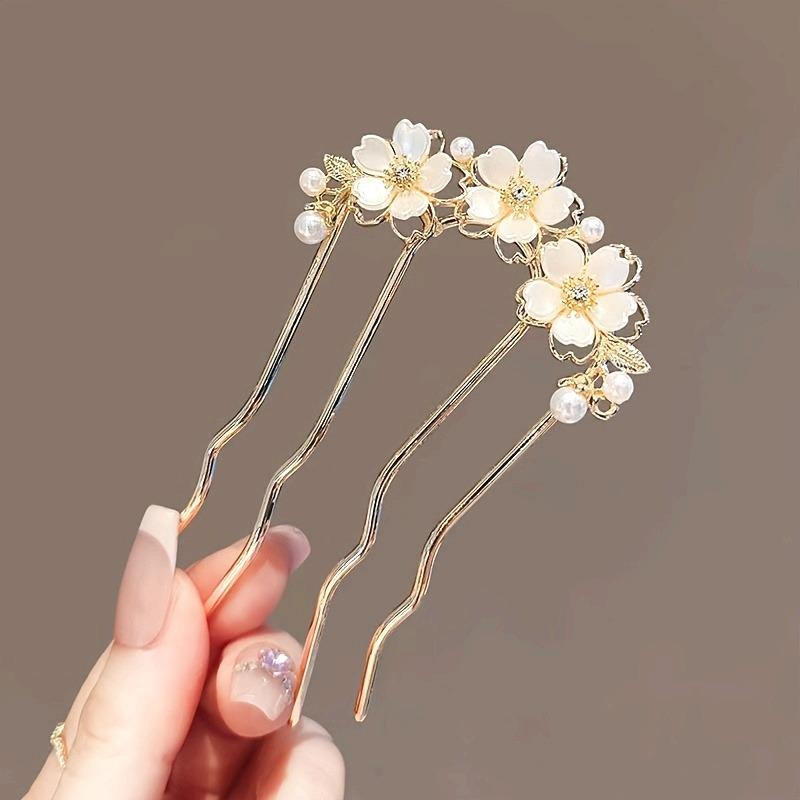 

New Chinese Elegant Imitation Pearl Inlaid Hollow Flower Women s Alloy U-shaped Hairpin Cheongsam Fashionable Hair Accessory
