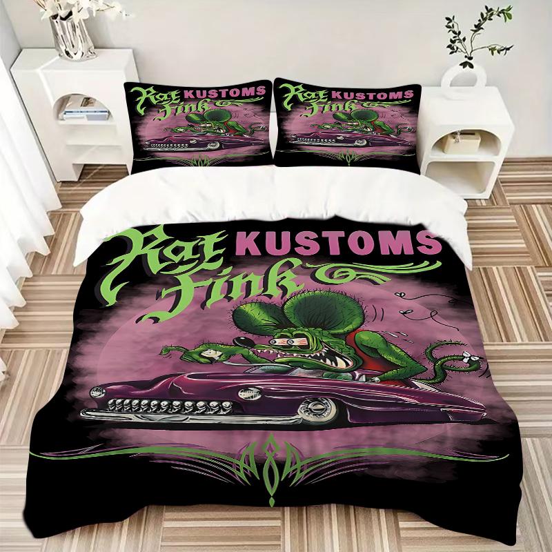 3Pcs Rat Fink Kustoms Artwork Bedding Set Soft Fabric Duvet Cover Pillowcases Christmas Xmas Halloween Gift 1 Duvet Cover 2 Pillowcase L1335