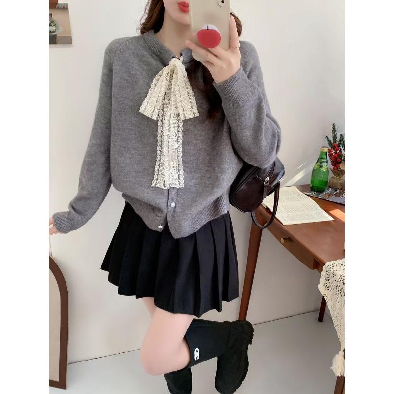 Gentle Wind Lace Lace-up Crew Neck Knitted Cardigan Top Women's Spring and Autumn New Loose Sweet Age-reducing Sweater Jacket