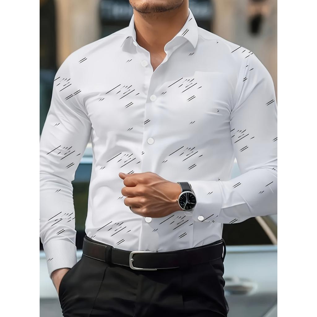 Men's Trendy Geometric 3D Line Print Long-Sleeved Shirt Men's Button up Shirt Casual Fashion Male White Shirt Lapel Shirt Tops