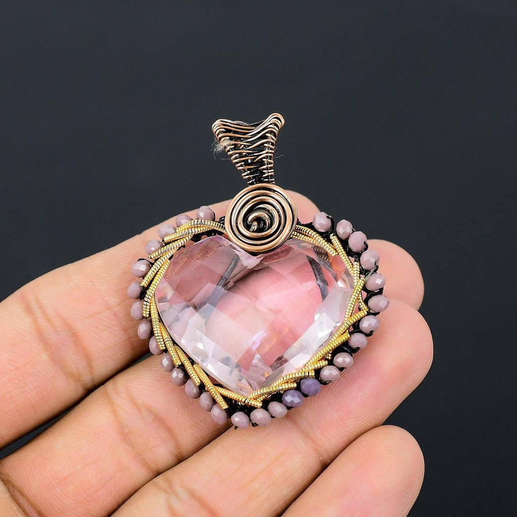 Heart Shape Pink Kunzite Gemstone Handmade Copper Wire Wrap Jewelry Pendant For Love