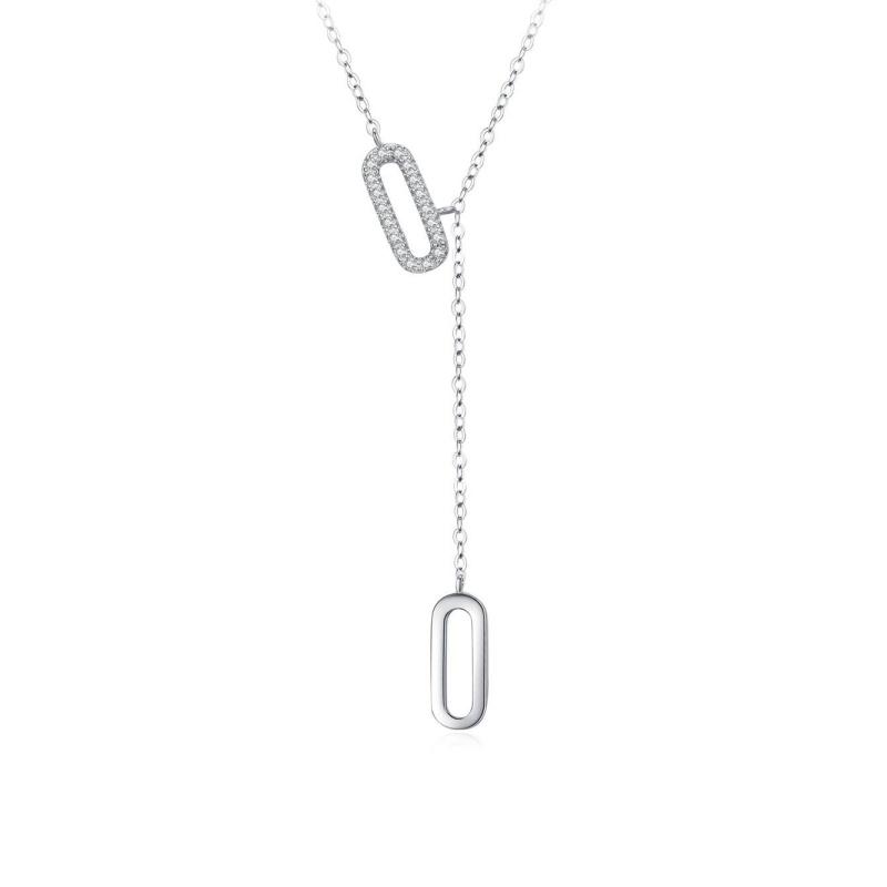Trendy Gift Jewelry S925 Sterling Silver Zircon Pendant Paper Clip Y-Shaped Tassel Design Necklace for Women