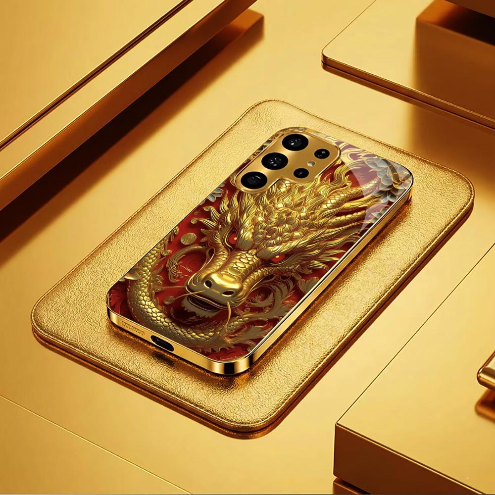 Würdevolle Goldener Drache Handyhülle Galvanisiertes Glas Handyhülle für Samsung Galaxy S26 S25 S24 S23 S22 S21 FE, Ultra, Plus