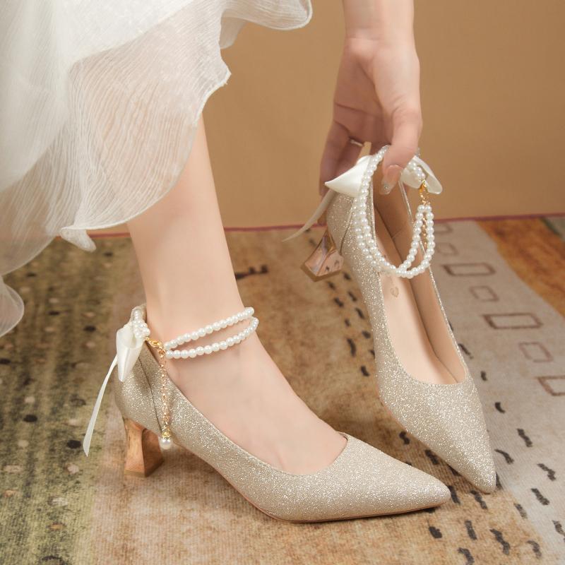 Fashion Women High Heels Bow Tie Fairy Style Silk Satin Surface Thick Heel Pearl Chain One Line Buckle Single Shoe Fashionable Versatile