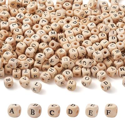 100 Stück/Beutel, bedruckte Naturholzperlen, Würfel mit 26 Buchstaben und Zahlen, Perle 10 mm, für DIY-Armband, Halskette, Schlüsselanhänger, Dekorationszubehör