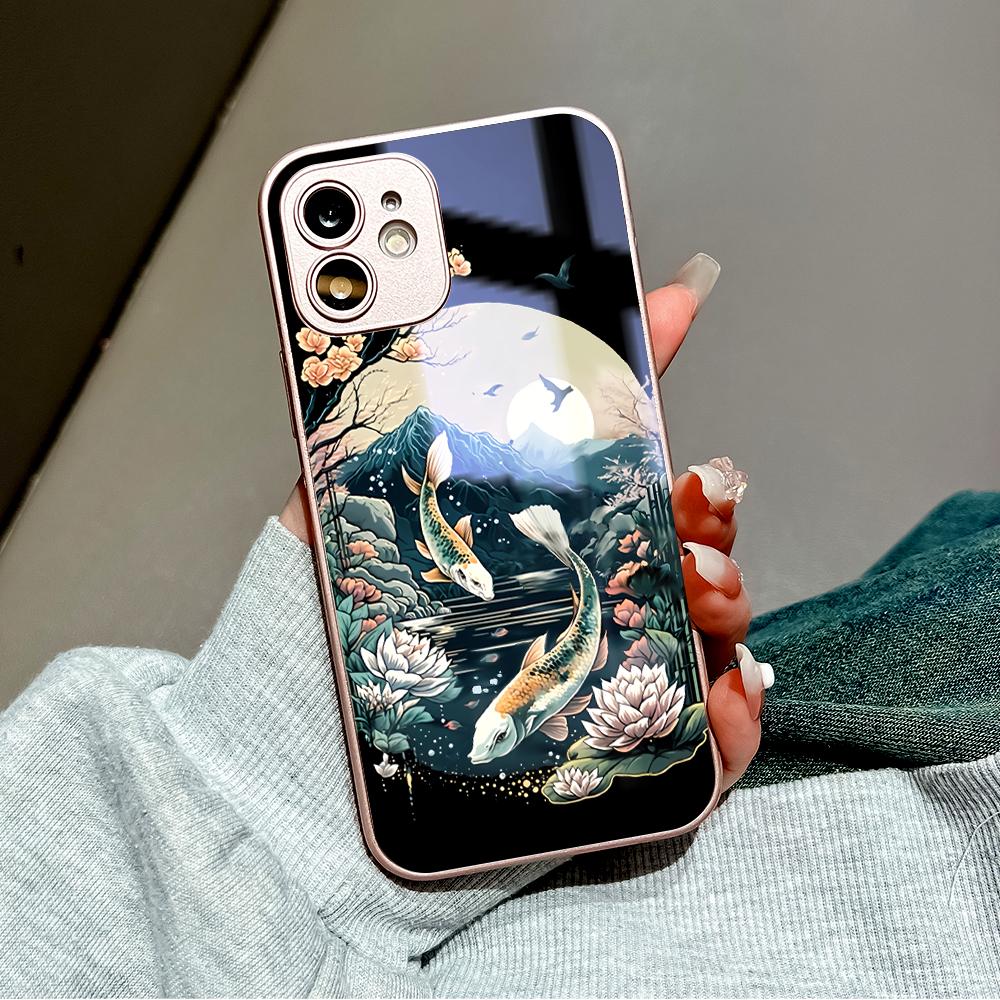 LotusFlower Goldfish Phone Case Metallic Lacquer Tempered Glass Shockproof Cover for Huawei Honor iPhone OPPO Realme OnePlus Xiaomi Redmi Samsung Vivo