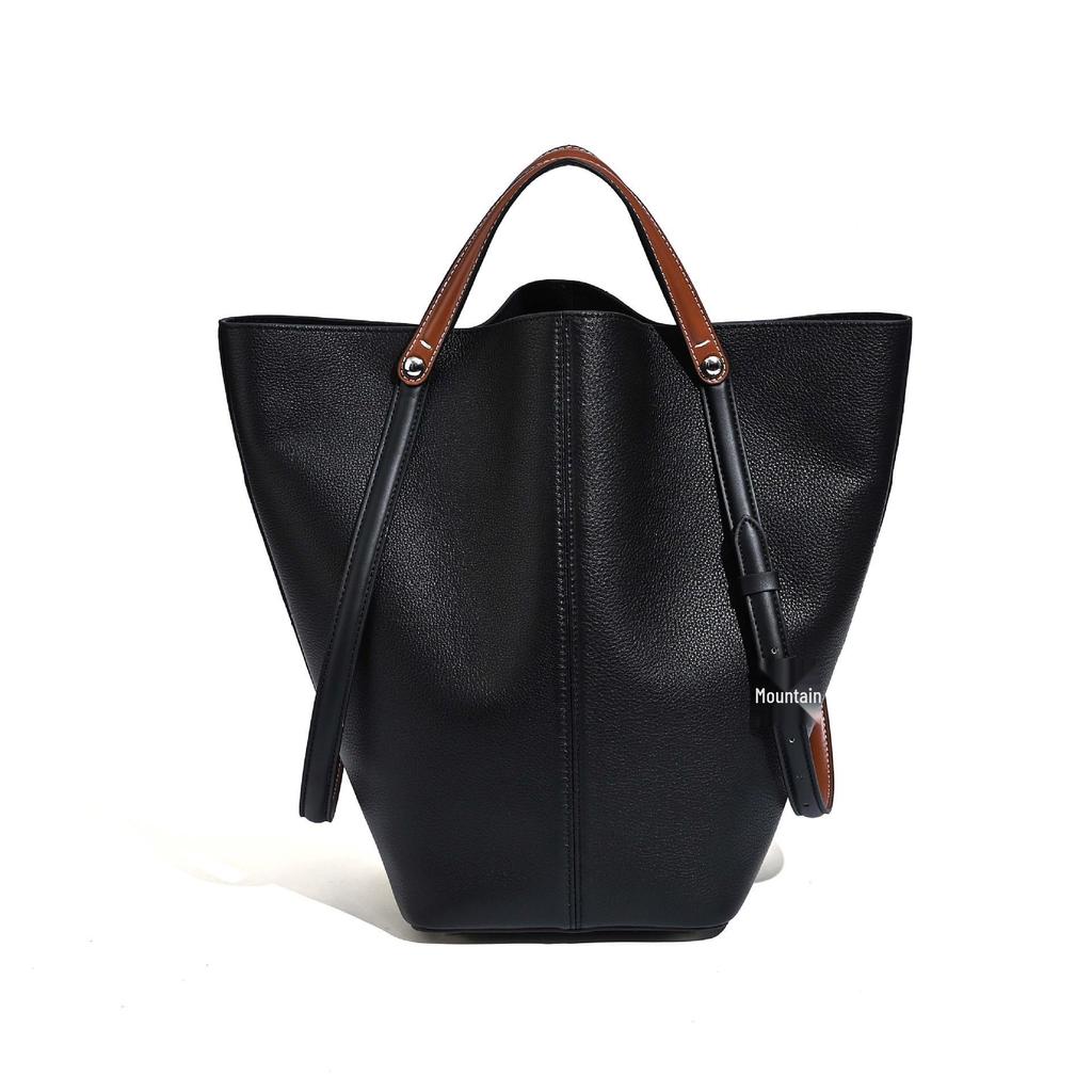 2025 Women's MM6 Equestrian Tote: Large-Capacity Cowhide Handbag, Stylish Commuter Bucket Bag