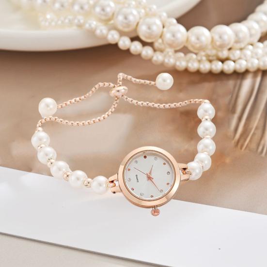 Femei stras brățară ceas reglabil Faux Pearl curea rotund cadran doamnelor casual rochie formală cuarț ceas de mână bijuterii accesoriu de modă