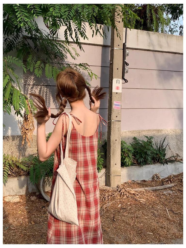 Red Plaid Lace Spaghetti Strap Dress - Women's Summer Beach Holiday Style
