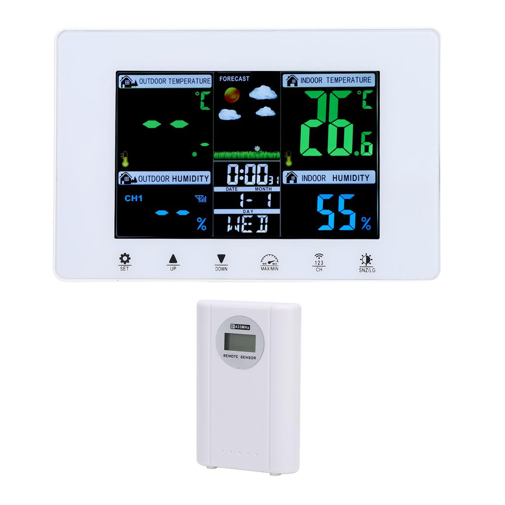Meteorological Clock Color LCD Display Digital Weather Thermometer with Atomic Clock for Garage