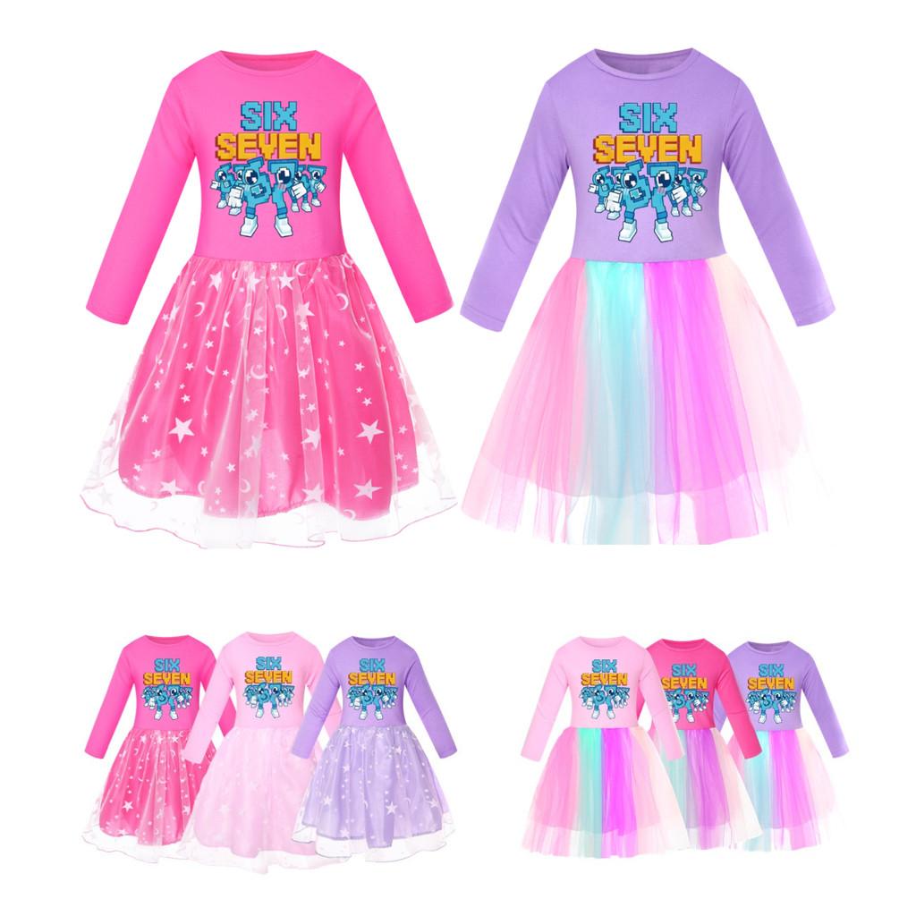 5195 Kids Girls Steal a Brainrot 67 Six Seven Print Mesh Rainbow Round Neck Casual Casual Cotton Dress
