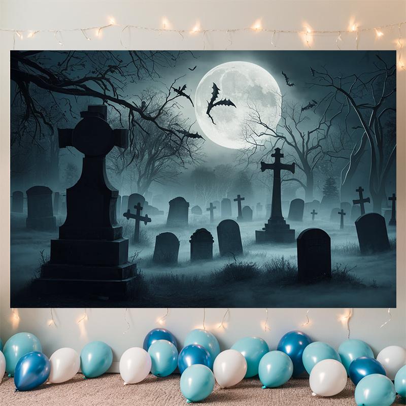 Moonlight Graveyard Party Banner - Scary Halloween decoration with full moon tombstones and bats 180X110
