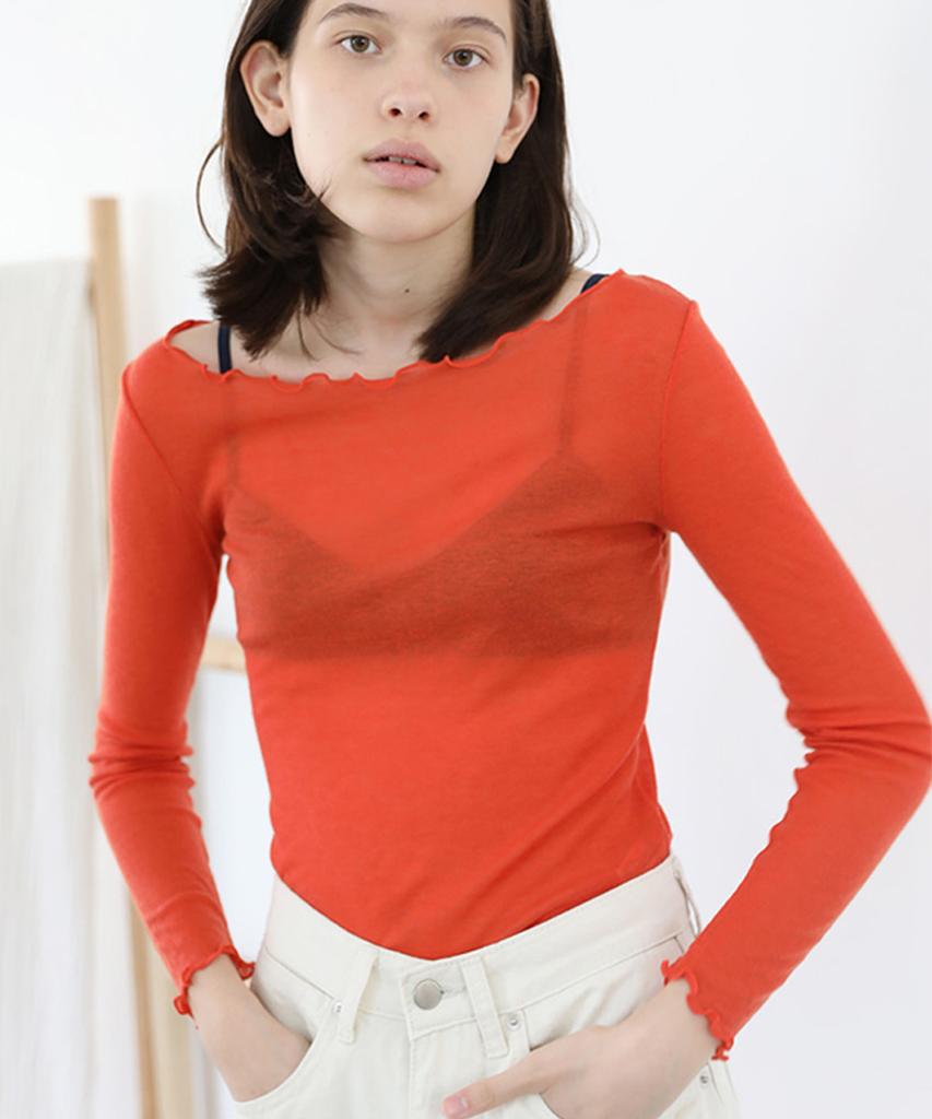 Peulmo See-Through Frill Long Sleeve Top [Light Beige]