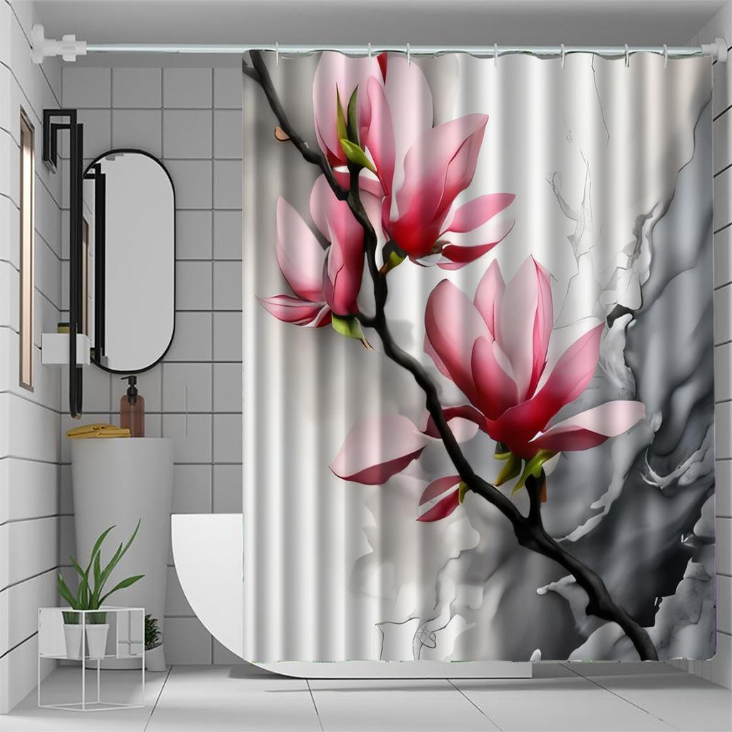 1pc pink floral print shower curtain, polyester fabric, machine washable, with hooks, suitable for bathroom decoration