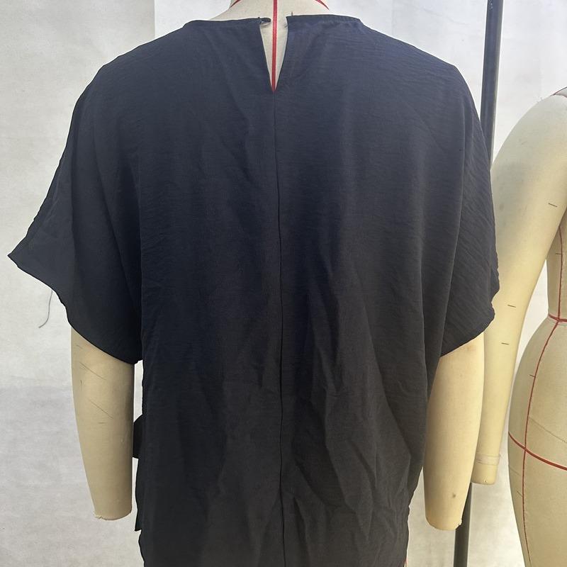 Damen Sommer T-Shirt Einfarbig Fledermausärmel Saum Knoten Lose Kurzarm Top