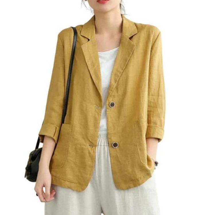 Women Vintage Casual Blazer Jacket Cotton Linen Coat Long Sleeve Lapel Thin Coat with Pockets 2 Buttons