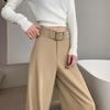 Women's Retro Minimalist Wide-Leg Khaki Suit Pants with Old Money Style Leather Belt