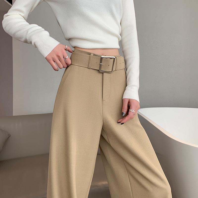 Women's Retro Minimalist Wide-Leg Khaki Suit Pants with Old Money Style Leather Belt