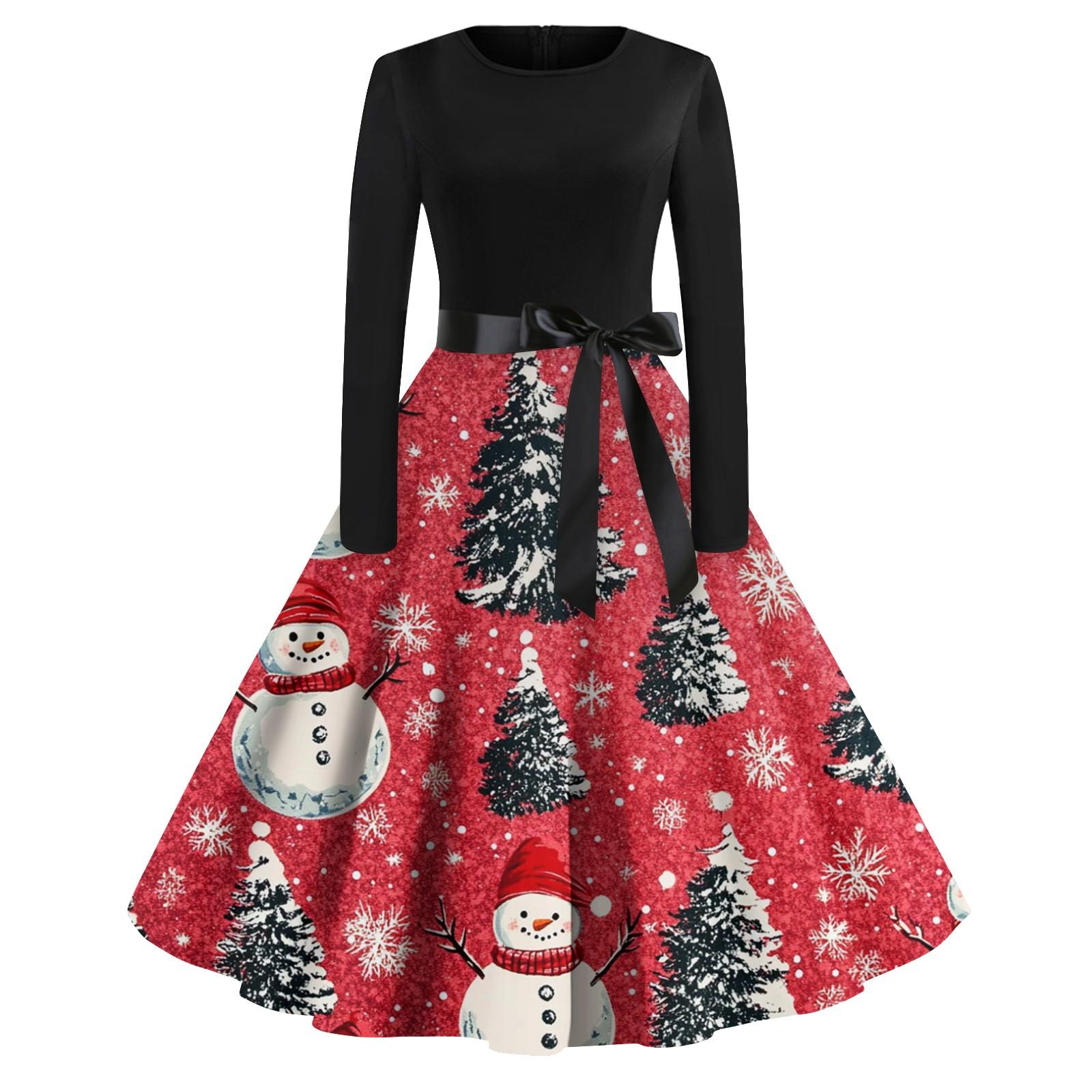 

Женская мода винтаж с длинным рукавом и круглым вырезом с рождественским принтом вечерние платья платья M