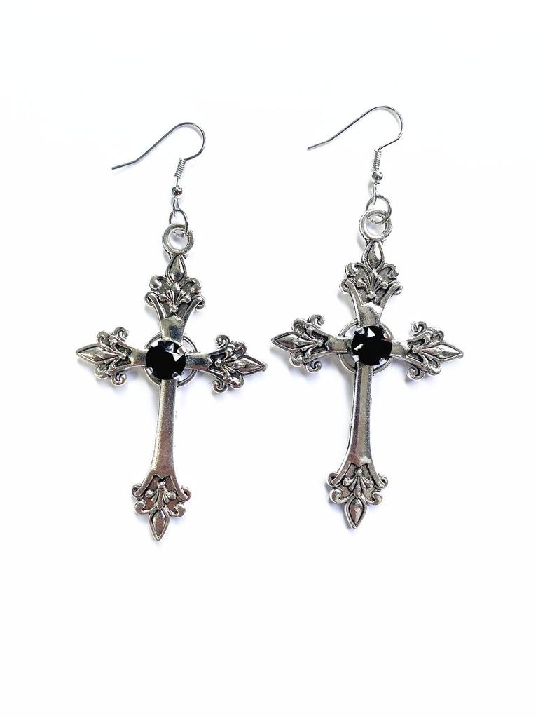 Popular Oversized Rhinestone Cross Earrings - Silver Tone Gothic Punk Fashion