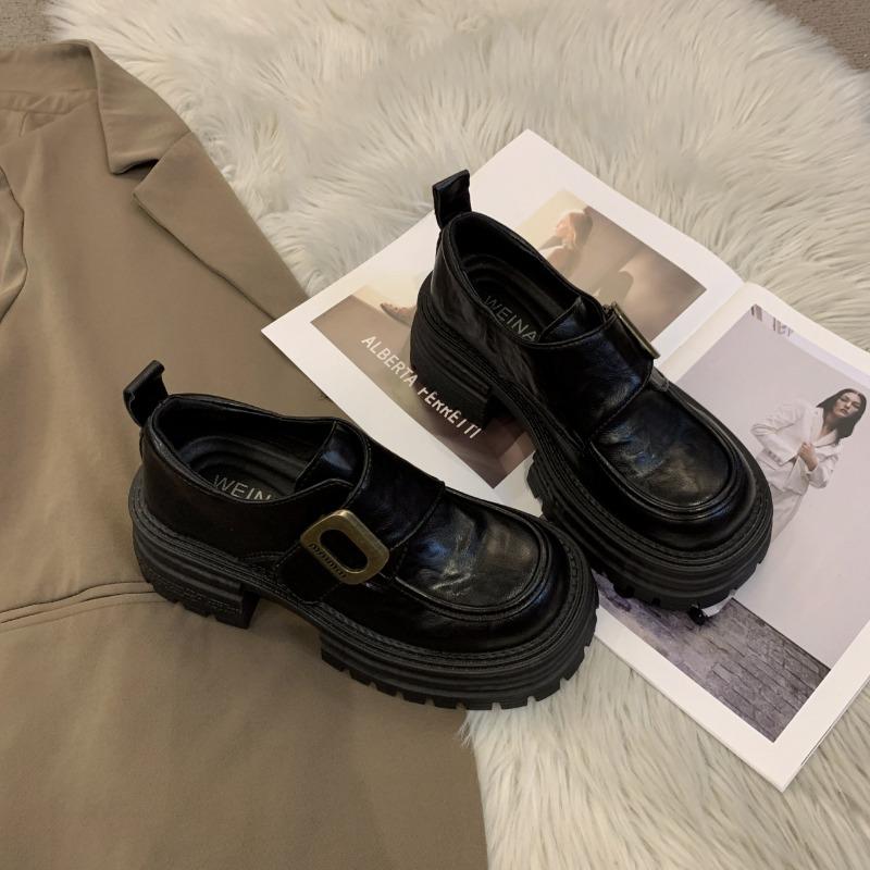thick-soled thick-heeled small leather shoes for women's new versatile height-increasing women's shoes, single shoes, black women's models.