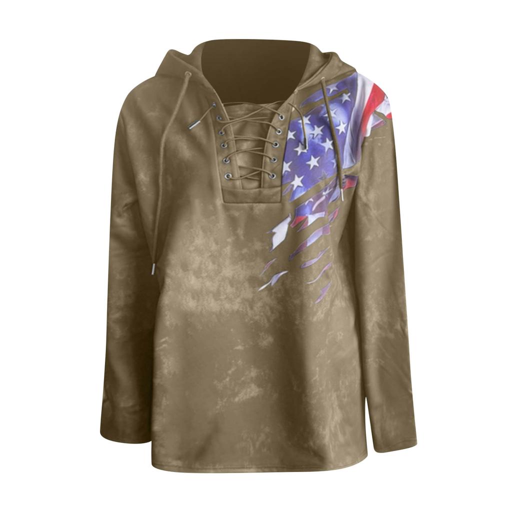 Men's Retro American Flag Print Lace-Up Casual Sports Hooded Long-Sleeved Sweatshirt