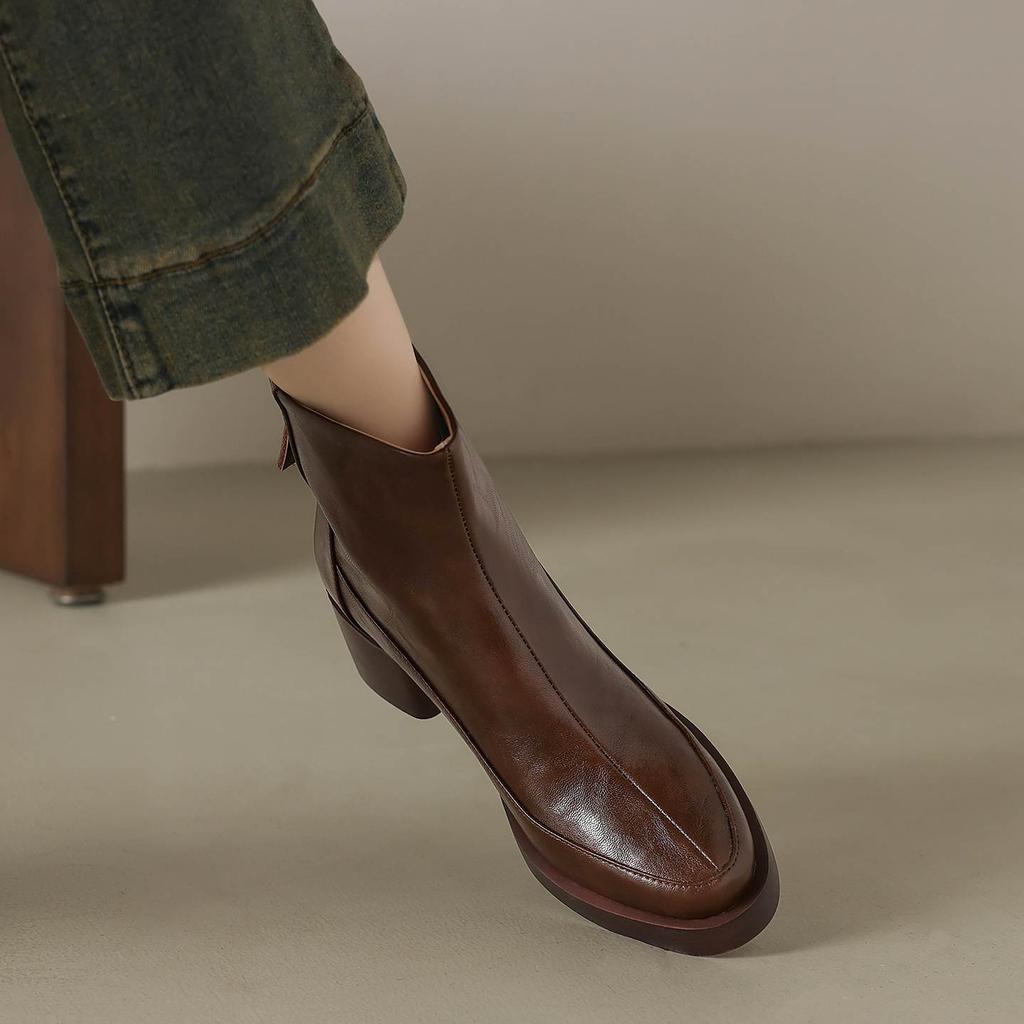 Krazing Pot Cow Skin Winter Round Toe Chunky Heels Motorcycle Boots Size 43 Zipper Women Platform Ankle Boots