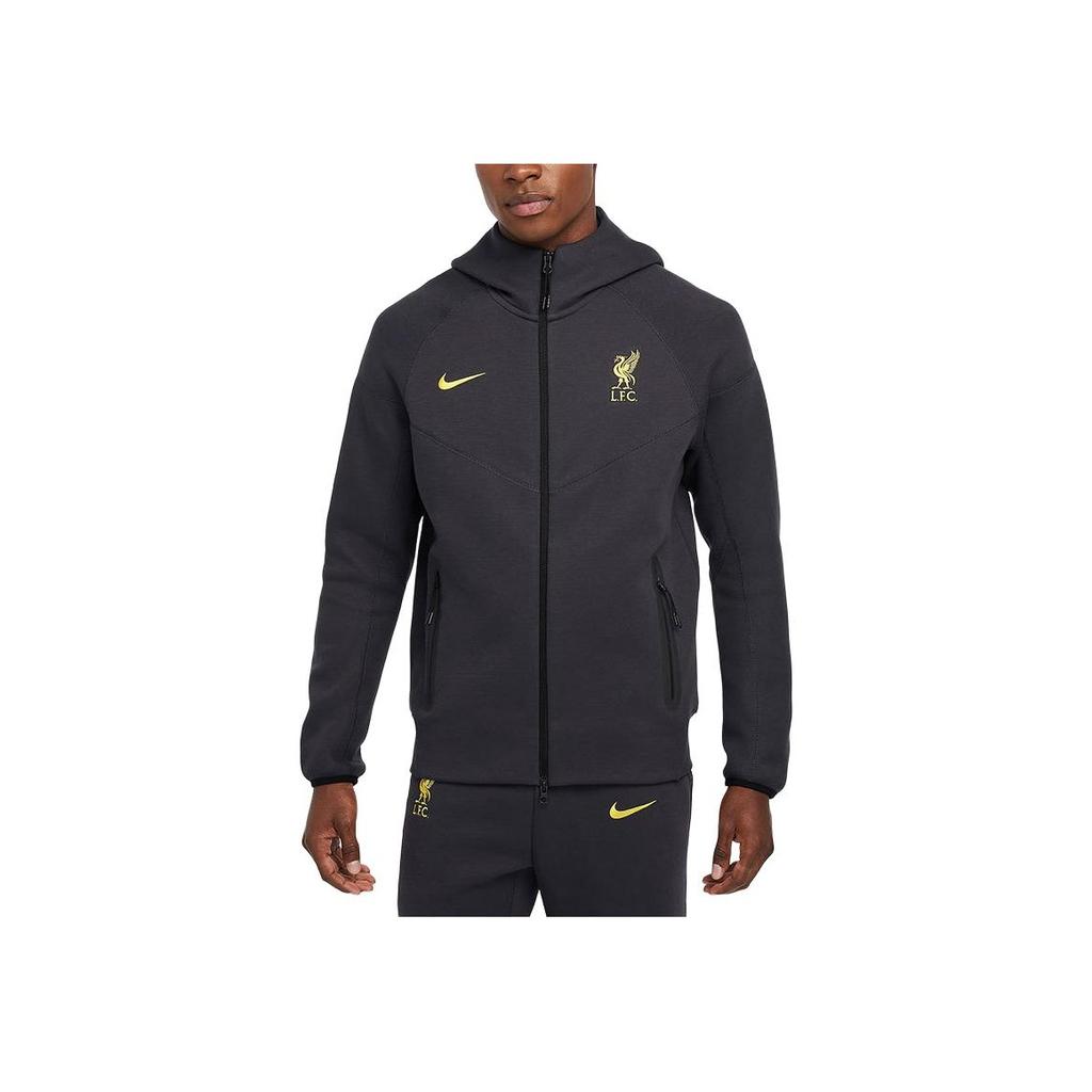 Nike Liverpool Technology Windbreaker Third Away Logo Embroidered Hooded Zip Football Jacket Men Jackets Dark-Smoke-Grey Chrome-Yellow HV1941-070