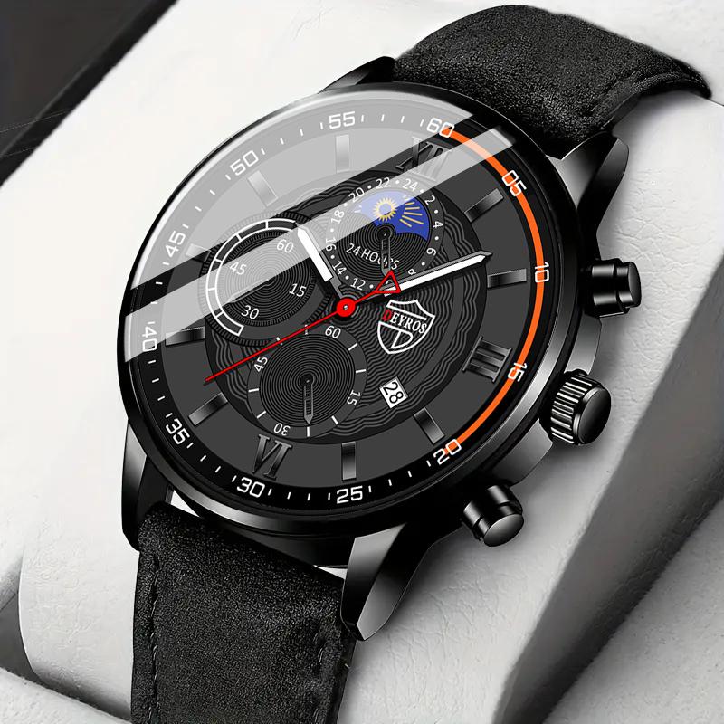 

Модные мужские повседневные кварцевые часы с календарем, спортивные аналоговые наручные часы из искусственной кожи с коробкой, мужские подарки