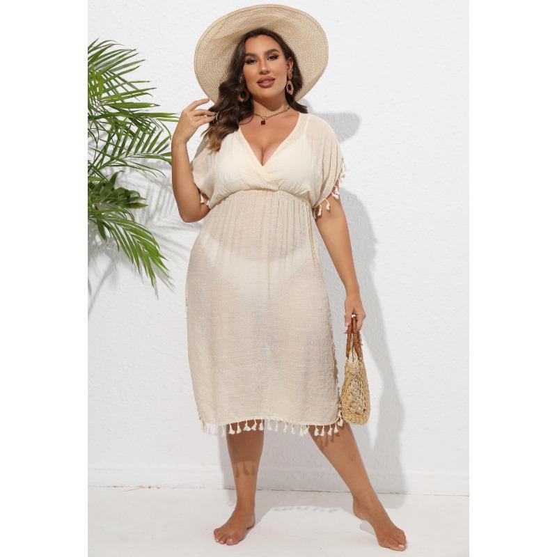 Plus Size Women's Beach Dress Holiday Bikini Cover-up Tassel Splicing Deep V Waist Dresses