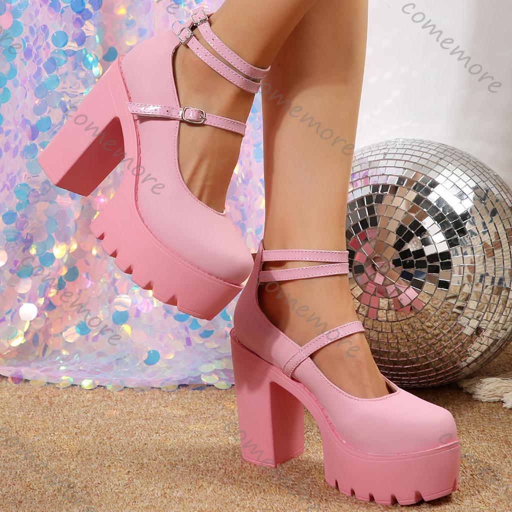 Comemore Women Mary Janes Shoes Platform High Heel Spring Autumn New Lolita Shoes Chunky Pumps Ankle Buckle Heels Women