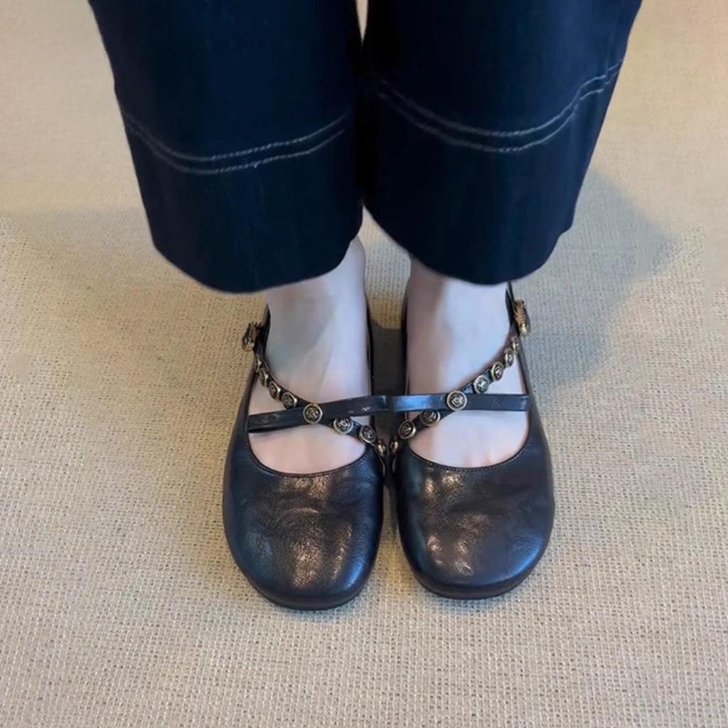 Sheepskin version~ retro shallow mouth one-word buckle bow single shoes flat leather one-pedal Mary Jane shoes women