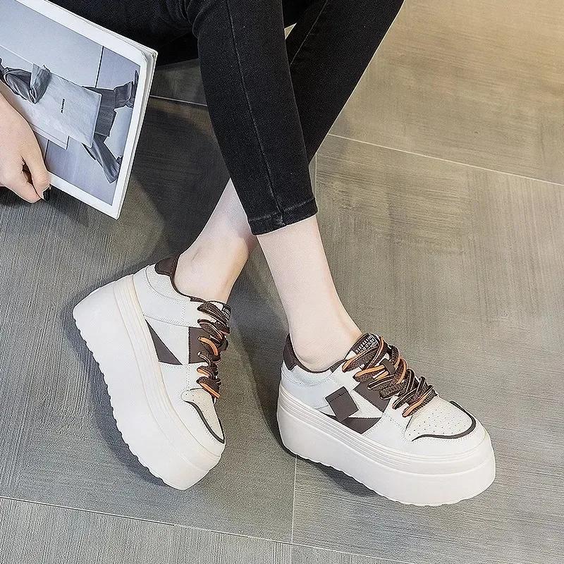 Fashion 8cm Casual Platform Wedge Hiden Heel Genuine Leather Shoes Chunky Sneakers Vulcanized Women Spring Autumn Loafers Mixed Color
