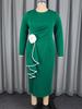 Navy Blue Plus Size Slim Fit Dress with 3D Floral Design and Contrast Trim