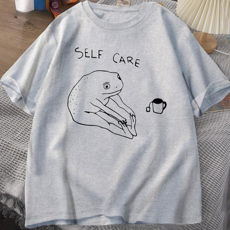 Summer Fun Frog Self Care Printed Round Neck T-shirt for Men Cotton Loose Holiday Short Sleeves Street Size Large