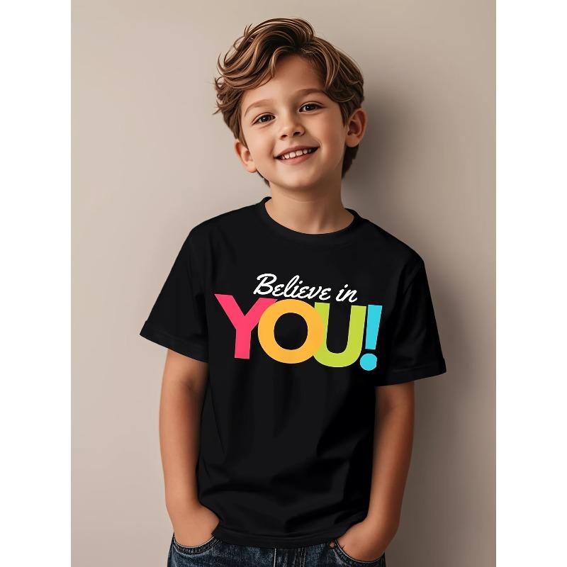Boys Crewneck Short Sleeve T-Shirt,  Believe in Yourself  Inspirational Print 110 чёрный