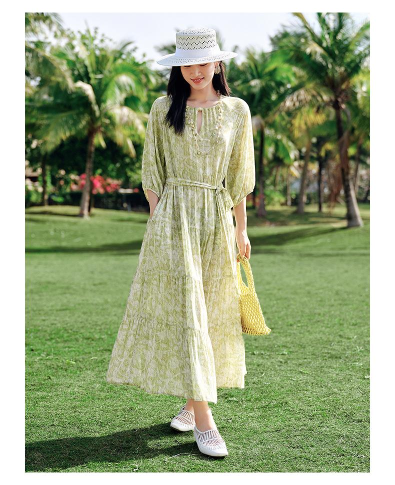 [Green Sound Skirt] Jiuzi Anna Kou Rural Style Relaxing Plant Printed Dress 2025 Summer New Style