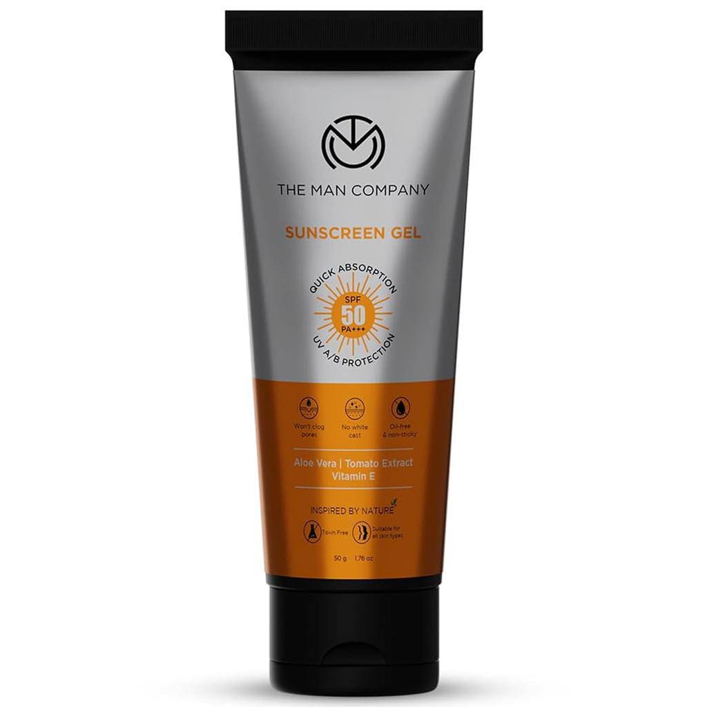 The Man Company Oil-Free Sunscreen Gel SPF 50 PA+++ For Men- 50gm | Infused with Aloe Vera, Tomato Extract & Vitamin E | UV A/B Protection
