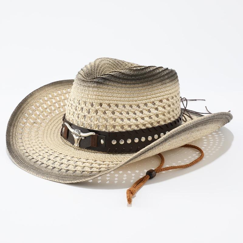 Spray painted denim straw hat, new western summer men's and women's sun hat, jazz hat, sun protection hat, big-brimmed ox head straw hat