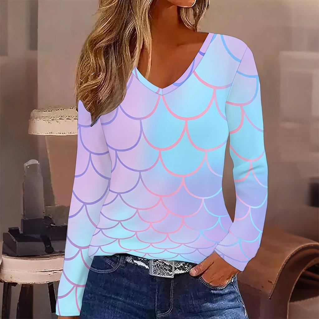 T-shirt da Donna Autunno Inverno Colore Stampa 3D Scollo a V Manica Lunga
