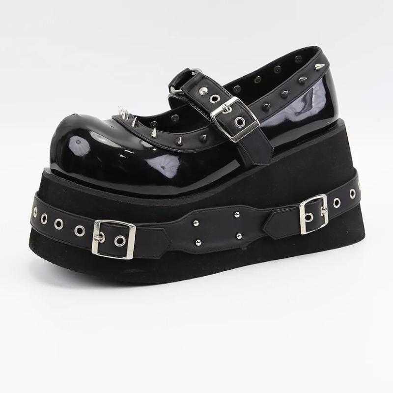 Kawaii Lolita Shoes Platform Platforms for Women Fashion Rivet Mary Jane Round Toe School Shoes Girl Cute Shoes Black