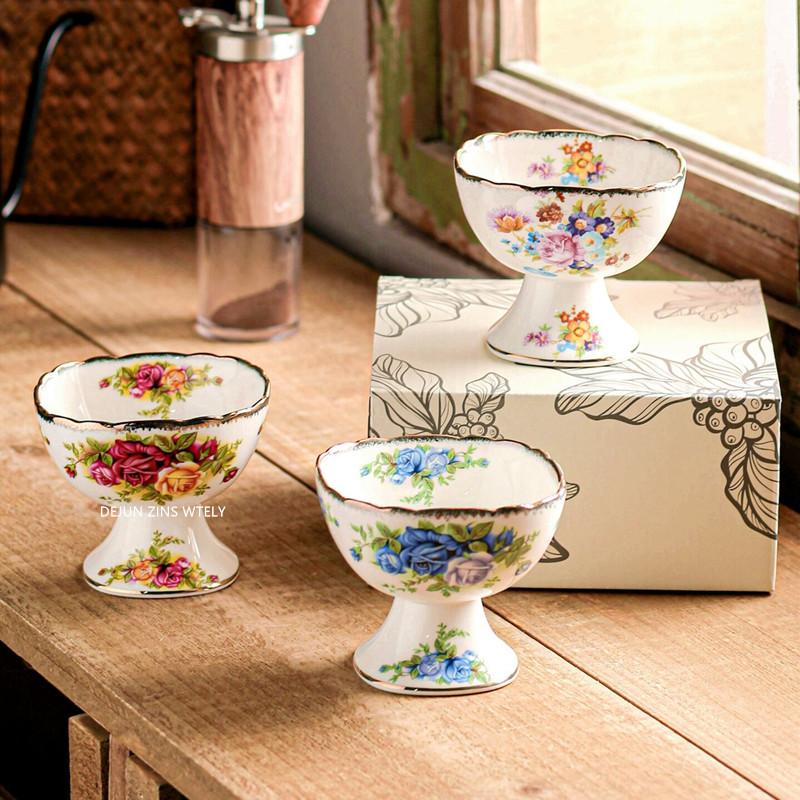 1PC Exquisite Bone China Cake Plate European Afternoon Tea Fruit Dish Tall Ceramic Ice Cream Bowl Kitchen Ceramic Tableware