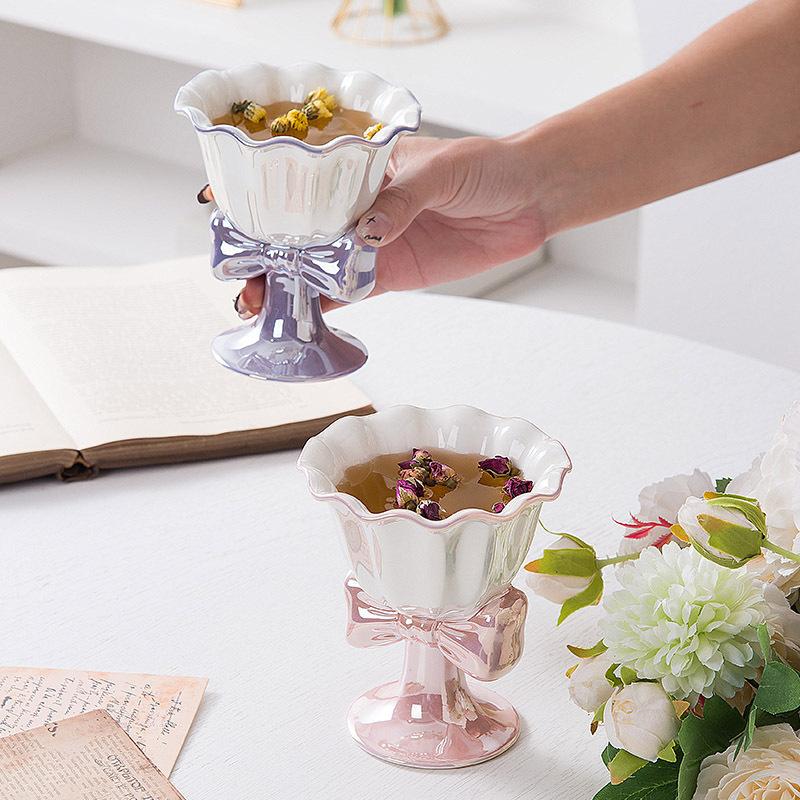 Bow Goblet Ceramic Cup Ice Cream Cup Dessert Cup High End Cute Girls Exquisite Niche Design Couple
