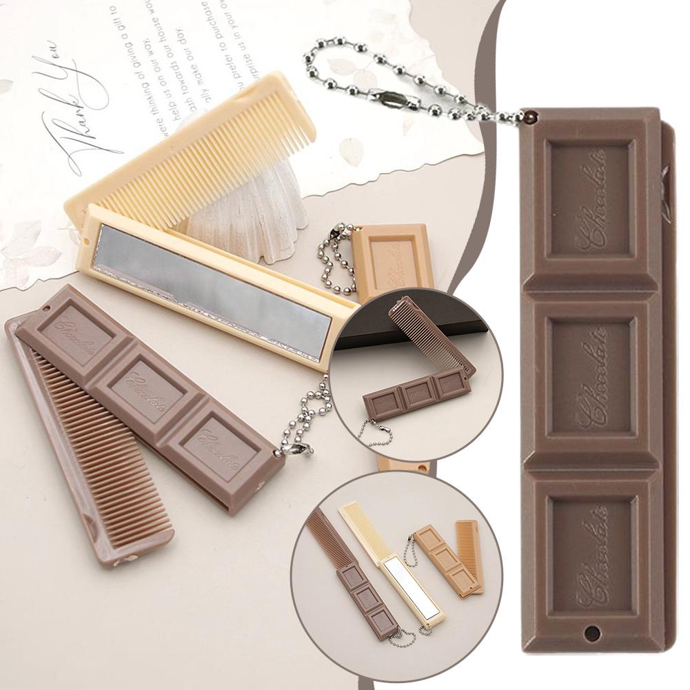 2-in-1 tragbarer faltbarer Kamm schokoladenförmiger Mini-Kompakt-Haarkamm mit Spiegel kreative Reise-Haarglättungs-Styling-Werkzeuge