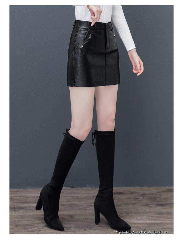Plus Size Women's High-Waist Sheepskin Leather Shorts - Wide Leg Slimming Casual Hot Pants for Autumn/Winter 2025.