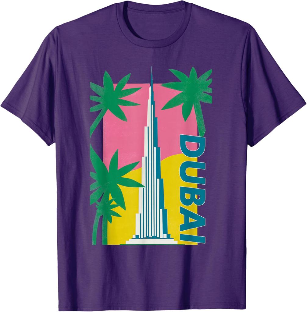 Dubai Burj Khalifa Palm Tree Retro Graphic Tee Men Casual Cotton TShirt