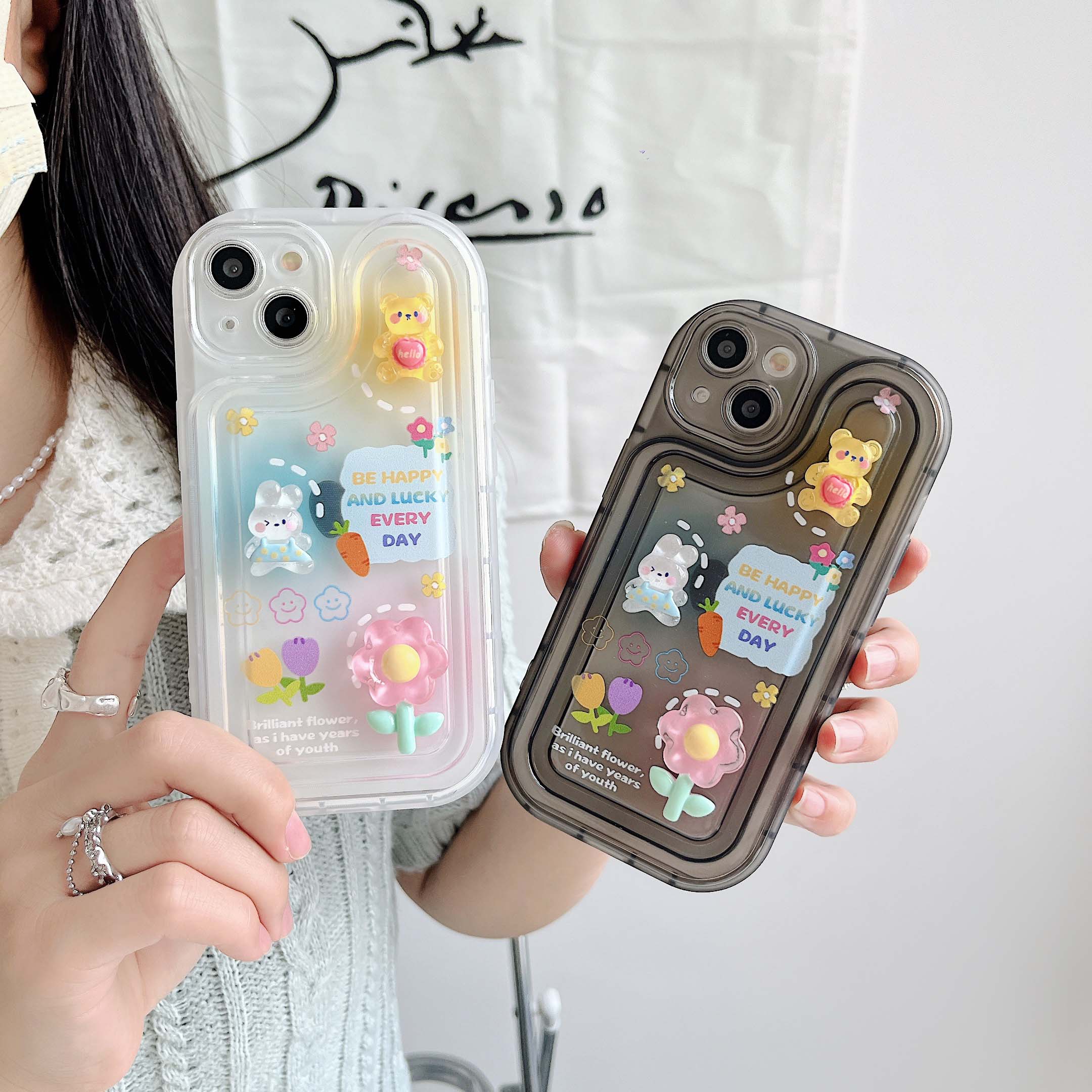 

Ins оригинальный чехол для телефона Diy 3d Bear Rabbit Flower Diy с милым мультяшным счастливым смайликом для Iphone 11 12 Promax 13 14 Pro Max Plus Capa