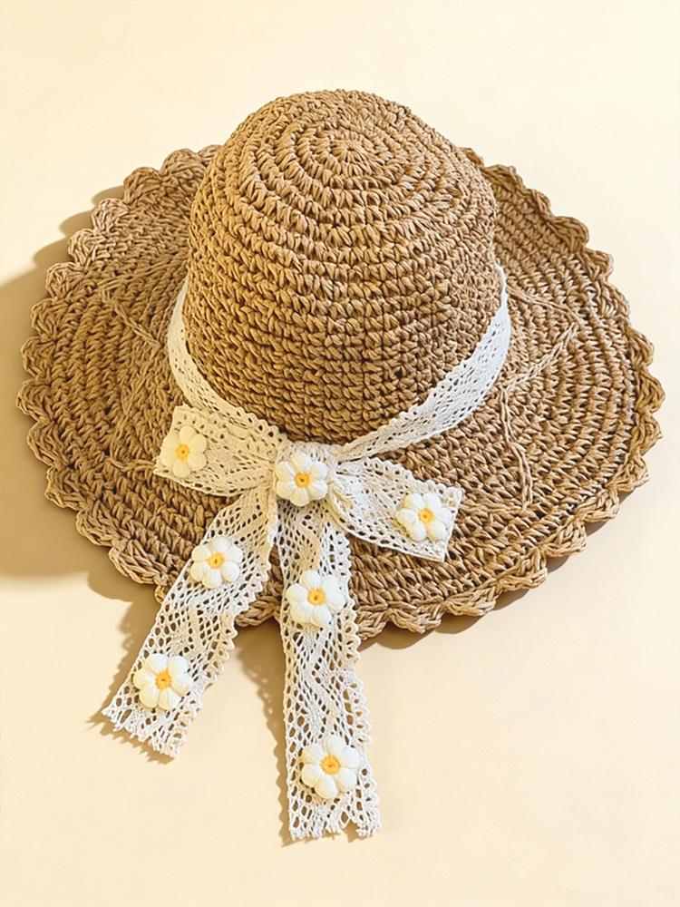 Damen-Sonnenhut Spitze Kleine Gänseblümchen Bandbreite Strohhut Damen Sommer Reise Outfit Sonnenschutz Offen gewebter Hut